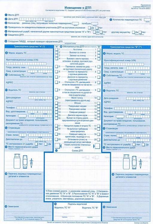 Образец лицевой стороны европротокола при ДТП 2015